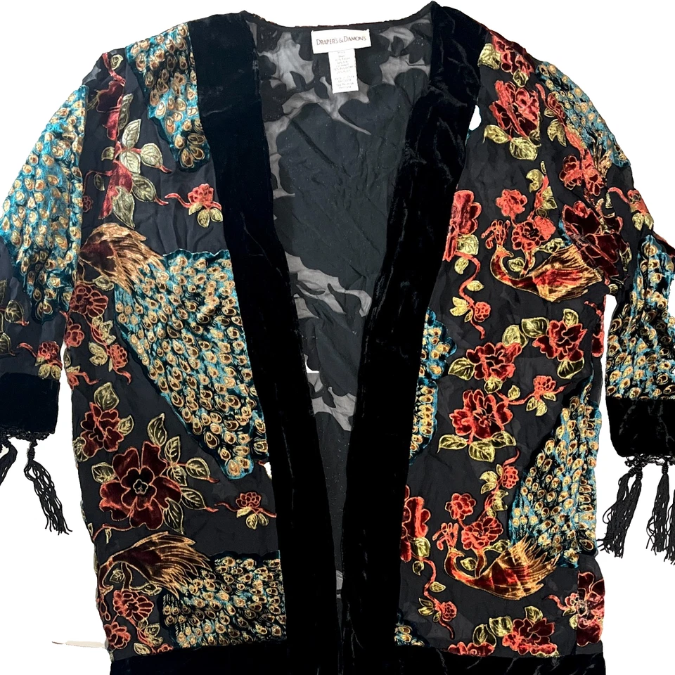 Cárdigan abierto Drapers&Damons Burnout Kimono Pavo Real Capricho Terciopelo Seda OSFM Foto 3 de 4