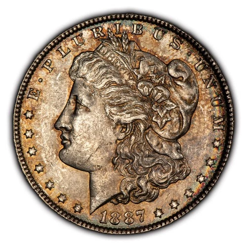 1887 $1 Morgan Silver Dollar - Rainbow Pattern Toning - BU - VIDEO - SKU-D4238