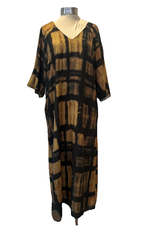 The Primark Edit Beige Brown & Black  Check Print Long Kaftan Dress V Neck 10-12 - Image 2 of 4