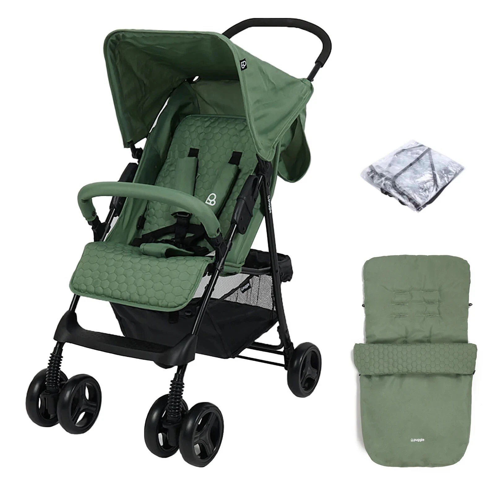 Baby Stroller Toddler Pushchair Puggle With Raincover And Footmuff BUNDLE GREEN