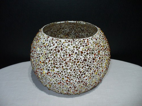 Jeweled Mosaic Rose Bowl colored glass gems affixed w/neutral ivory mortar - Picture 2 of 11