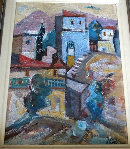 ISRAEL- EISENSCHER YAACOV (1896-1980) ÓLEO SOBRE LIENZO - PINTURA PAISAJE URBANO ZEFAT P - Imagen 2 de 3