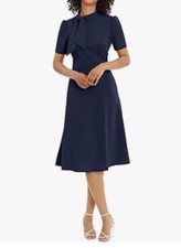 Maggy London Womens Midi Short Sleeve Flight Neck Tie Career Office Work 6 Blue