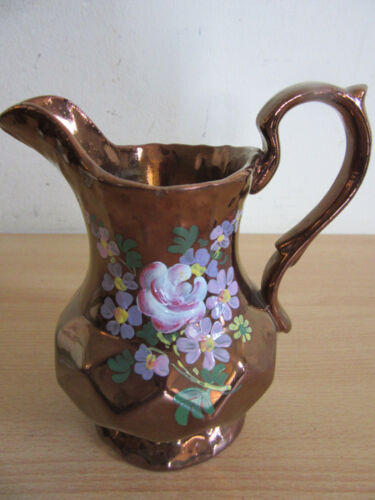 Antique Copper Lustre floral painted english Creamer pitcher - Afbeelding 1 van 7