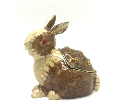 Bunny Rabbit Pearlized Enamel Bejeweled Rhinestone Hinged Trinket Box