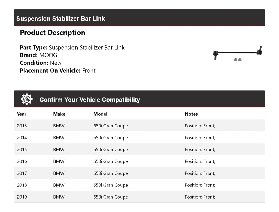适用于 2013 - 2019 年宝马 650i Gran Coupe 悬架稳定杆连接前 MOOG 2013 — 第 2/4 张图片