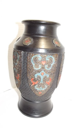 10" Vtg/ Antique Japanese TOKANABE WARE Vase - Hand Painted Black Pottery JAPAN - Picture 9 of 15