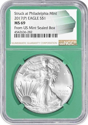 2017-(P) Silver Eagle Dollar MS69 NGC Struck at Philadelphia Green Core ^