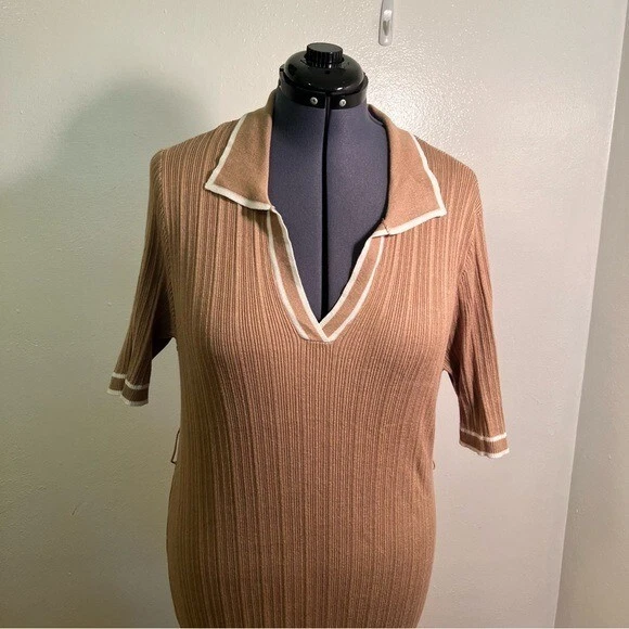 Madison + Hudson Women’s Plus Size 3X Knit Polo Maxi Dress Tan White Ribbed - Image 2 of 4