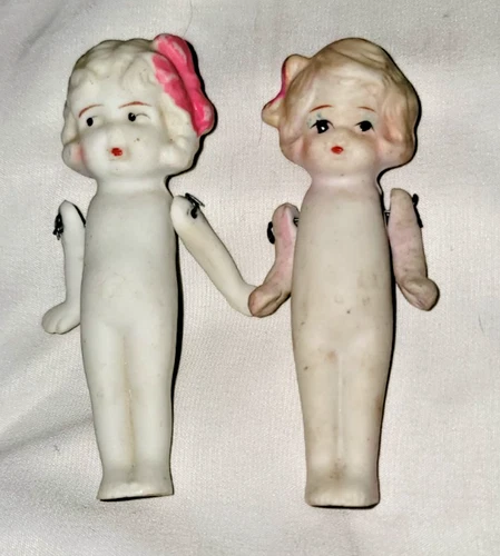 VTG ANTIQUE FROZEN FLAPPER BISQUE DOLLS JAPAN A357 2 PORCELAIN JOINTED DOLLS 3"