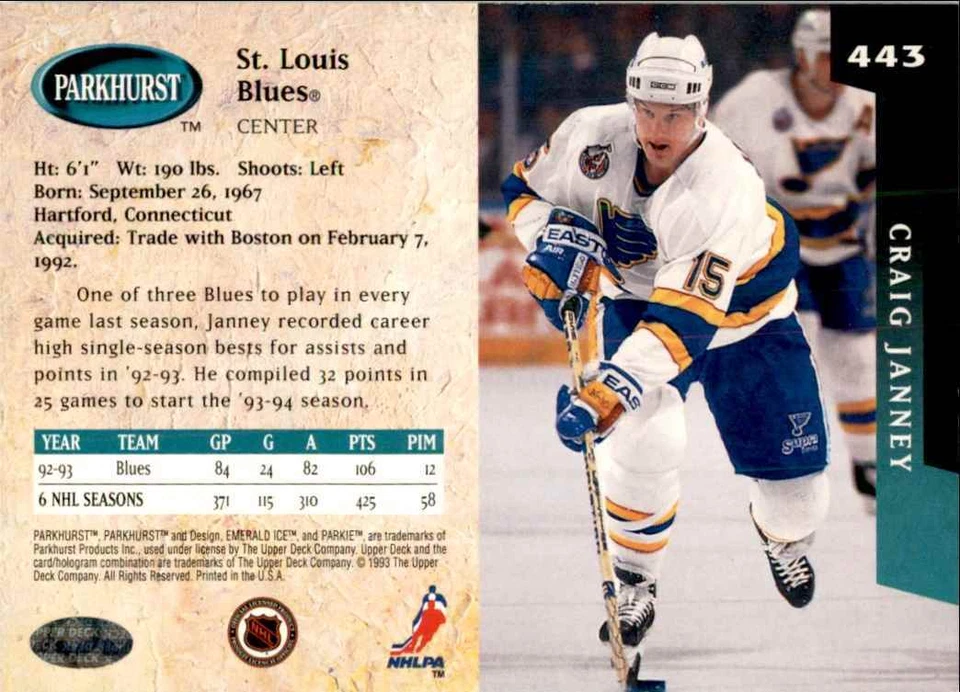 1993-94 PARKHURST CRAIG JANNEY ST. LOUIS BLUES #443 - Image 2 of 2
