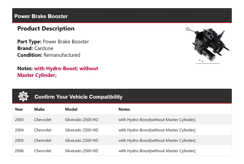 适用于 2003 - 2006 年雪佛兰索罗德 2500 高清动力制动增强器 Cardone 2004 2005 — 第 2/3 张图片