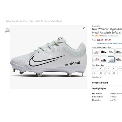 Size 7.5 Nike Women's Hyperdiamond 4 Pro Metal Fastpitch Softball Cleats New