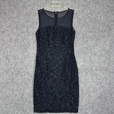 Calvin Klein Dress Womens 8 Navy Blue Lace Sheath Sleeveless Sequin Party Formal