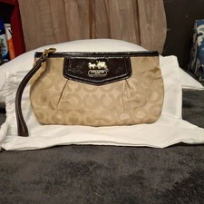 Coach Tan and Brown Pleated Stagecoach Sateen Wristlet 8x5