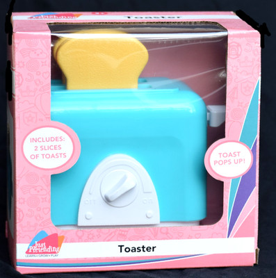 NEW IN BOX JUST PRETENDING TOY TOASTER + TWO SLICES OF PLASTIC BREAD THAT POP UP