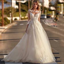 Elegant 3/4 Sleeve A Line Wedding Dresses Sheer Neck Lace Applique Puffy Gowns