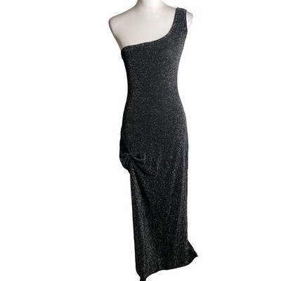 Alex Evenings Maxi Gown Women's 8 Black One-Shoulder Glitter Knottted Fitted