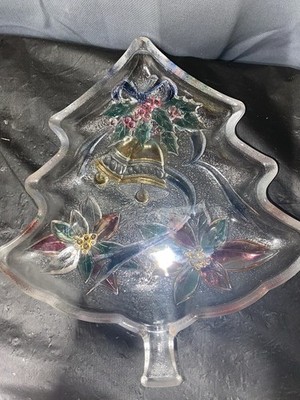 Vintage Embossed Clear Candy/Nut Dish Christmas Tree Shape Some Design Painted
