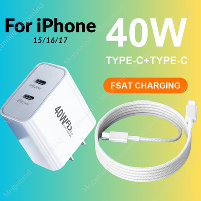 40W Dual USB-C Fast Charger For iPhone 15 Plus 16 17 Pro Max Cube PD Type-C Cord