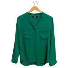 NINE WEST GREEN Button Up Women's Medium Shirt Gold Button Tunic Casual Office