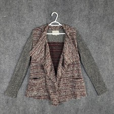 Lucky Brand Cardigan Womens Medium Gray Red Open Front Waterfall Knit Pockets