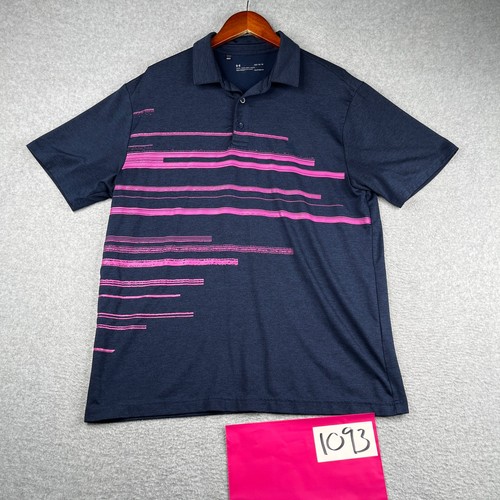 Under Armour Heatgear Polo Shirt Mens Large Navy Blue Purple Striped Stretch - Photo 1 sur 8
