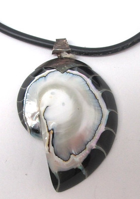 Vintage Half Cut Natural Nautilus Shell Necklace Sterling Silver Hardware 18''