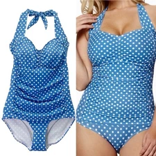 Ruby Ribbon Size 12 Blue White Polka Dot One Piece Swimsuit Halter Ruched Retro