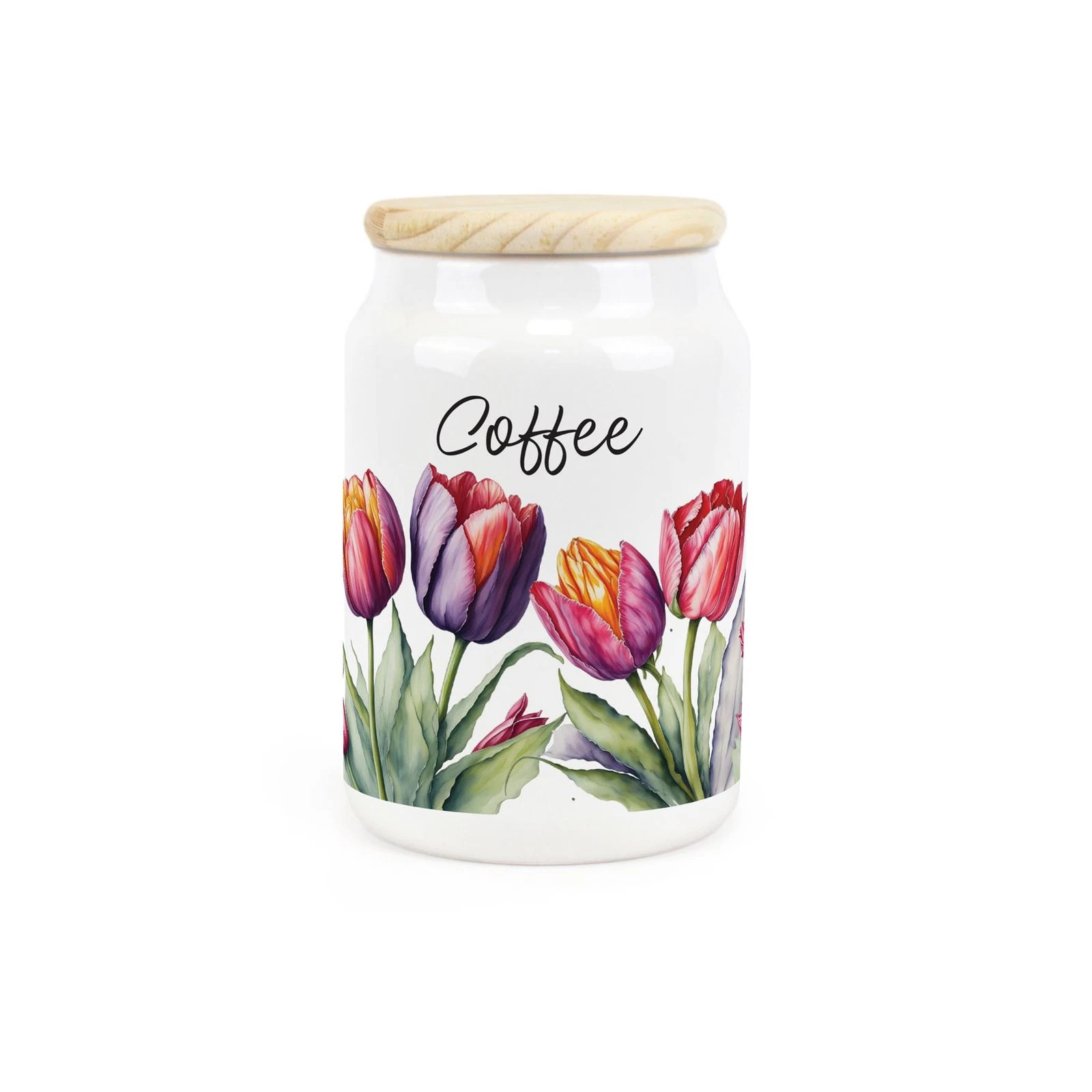 Tulips Ceramic Tapered Coffee Canister - Spring Flowers Kitchen Storage Jar