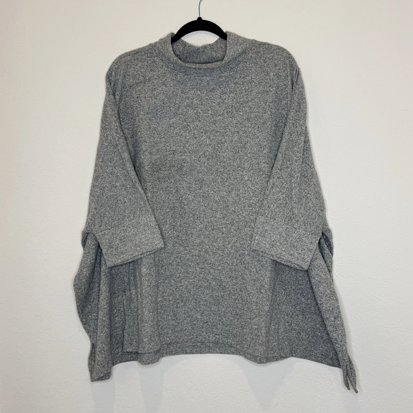 Denim & Co. Comfort Zone Plush Knit Mock Neck Poncho Lt Heather Gray Oversize 1X