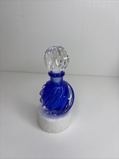 Vintage Clear & Cobalt Blue Crystal Perfume Bottle W/ Stopper Swirl Glass