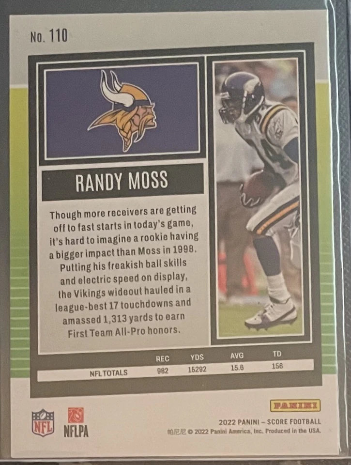 2022 Score Football Card #110 Red Parallel Randy Moss Minnesota Vikings - Image 2 of 2