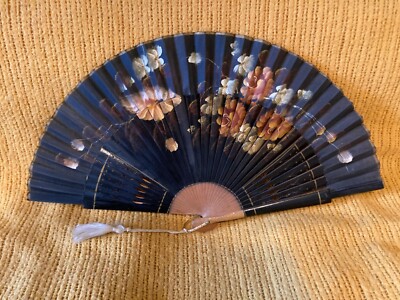 Asian Wood Canvas Floral Fan Wall Décor, Vintage, 1970s, 16.5 x 9 in