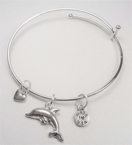 BEACH FASHION RHODIUM NAUTICAL DOLPHIN AND HEART SEA LIFE CHARM BANGLE BRACELET - Picture 2 of 5