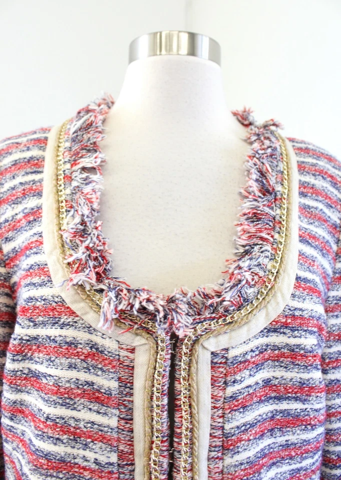 Blazer Traje Chaqueta Boston Proper Rojo Azul Rayas Flecos Ribete Cadena Talla 8 Foto 2 de 4