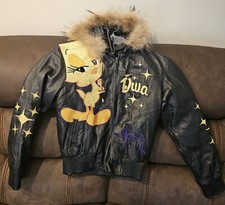 Arizona Jean Co Tweety Embroidered Leather Fur Hooded Bomber Jacket Black Size L