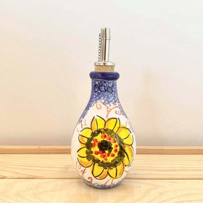 Bassano Ceramic Oil Bottle 13 Cm Tall Blue Sunflower Italian Majolica New