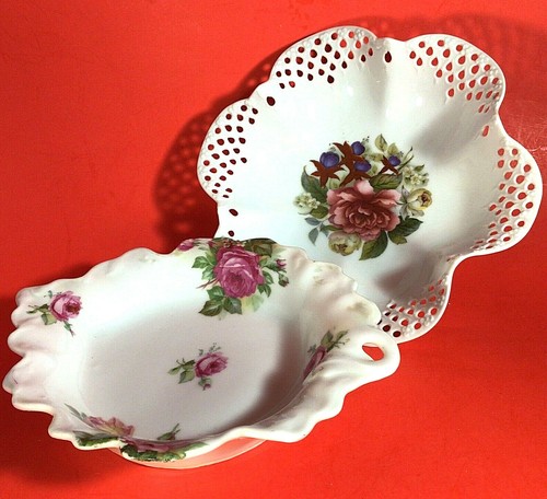 SCHOENBERG BAVARIA GERMANY PORCELAIN CANDY NUT DISH 7" RED ROSES SET OF 2 - Picture 2 of 10