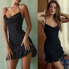 NEW! House of CB- Rossella Black Ruffle Cowl Neck Asymmetrical Mini Dress Large