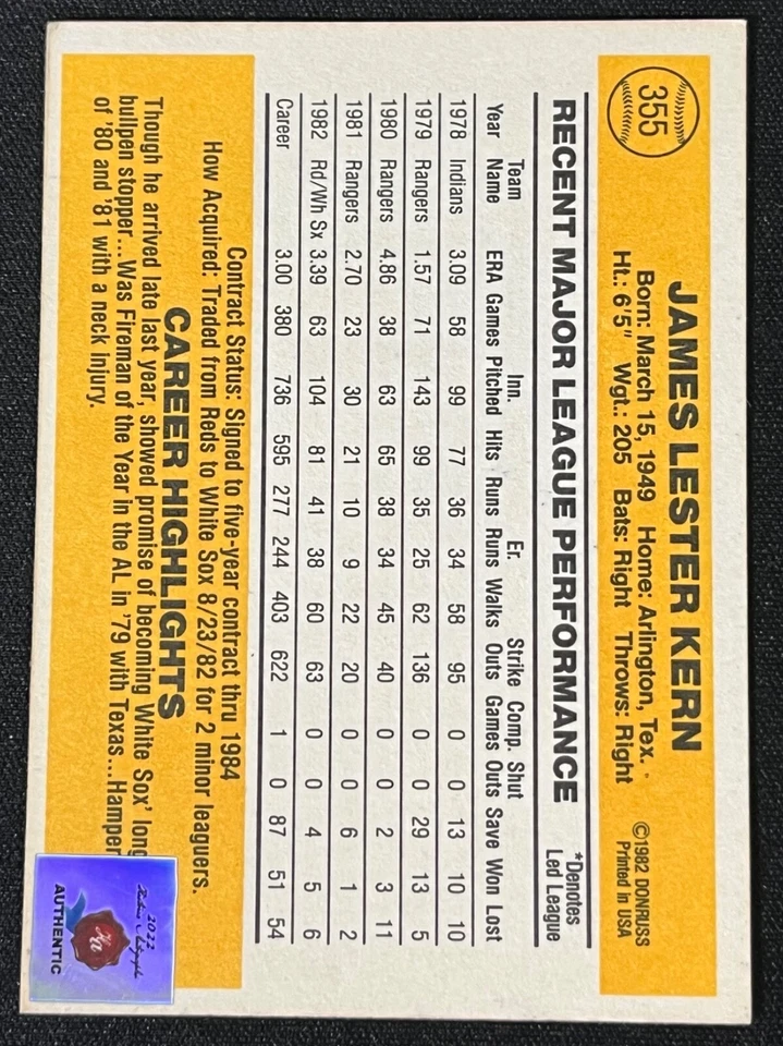 1983 DONRUSS JIM KERN REDS 2022 HISTORIC AUTOGRAPHS SIGNED AUTO - Image 2 of 2