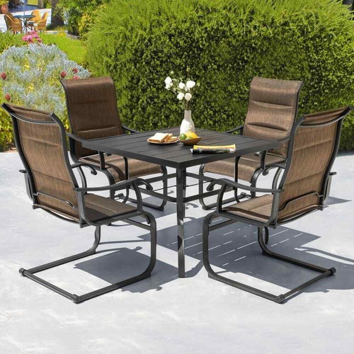 Brown 5-Piece Textilene and Iron Metal Square Outdoor Dining Set w/1.57"Umbrella