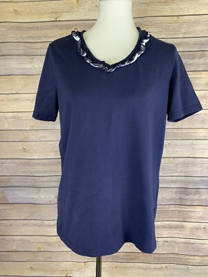 #ad #ad Denim And Co Medium Perfect Jersey T Shirt With Ruffled Neckline Blue QVC $16.80