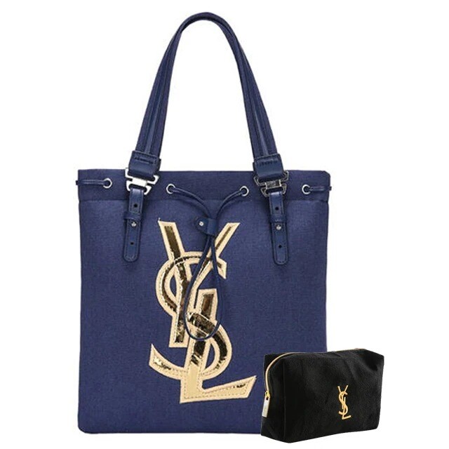 Yves Saint Laurent borsa tote blu navy tela cosmetici YSL oro logo pochette set