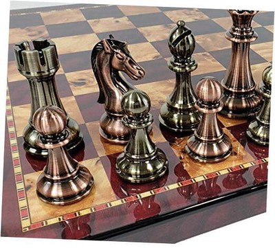 Large 4 3/8 inch King Copper & Gold Finish Staunton Chess Set 18 inch Cherry 