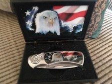 American Flag With Eagle Pocket Watch  Knife In Wooden Case