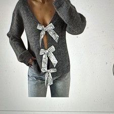 Women s Gray Solid Knit V-Neck Long Sleeve Pullover Sweater w/ Bow XL