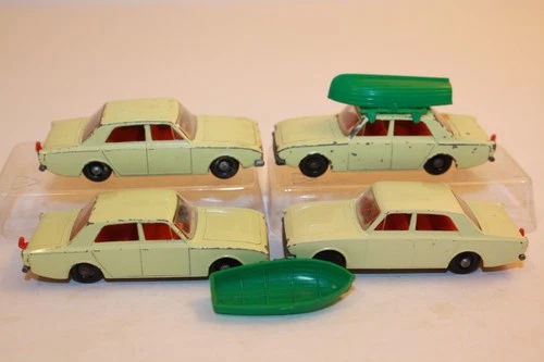 4 Vintage 1965 Matchbox Lesney #45 Ford Corsair Cars 2 Boats & 1 rack Included