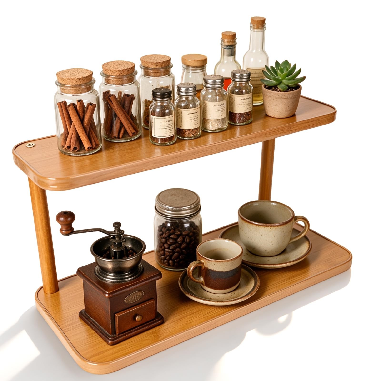 2 Tier Coffee Station Organizer, Wooden Mug Holder & Cup Rack for Countertop,...