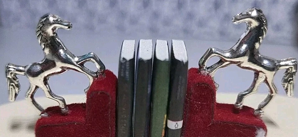 DollsHouse Handmade 1.12th Horse Bookends On Dark Red Velvet Plynth with 4 Books - Image 2 of 3